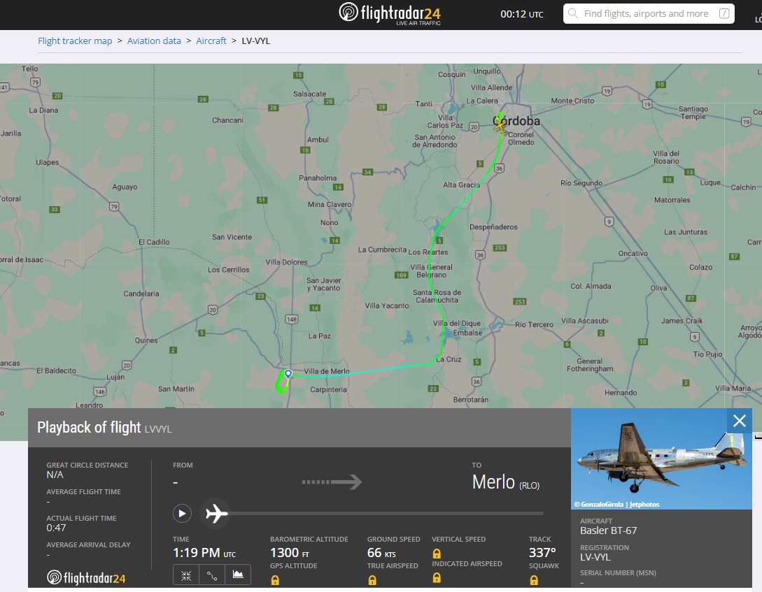 El registro del vuelo del Basler BT-67 el 07OCT2025 (FlightRadar24.com)