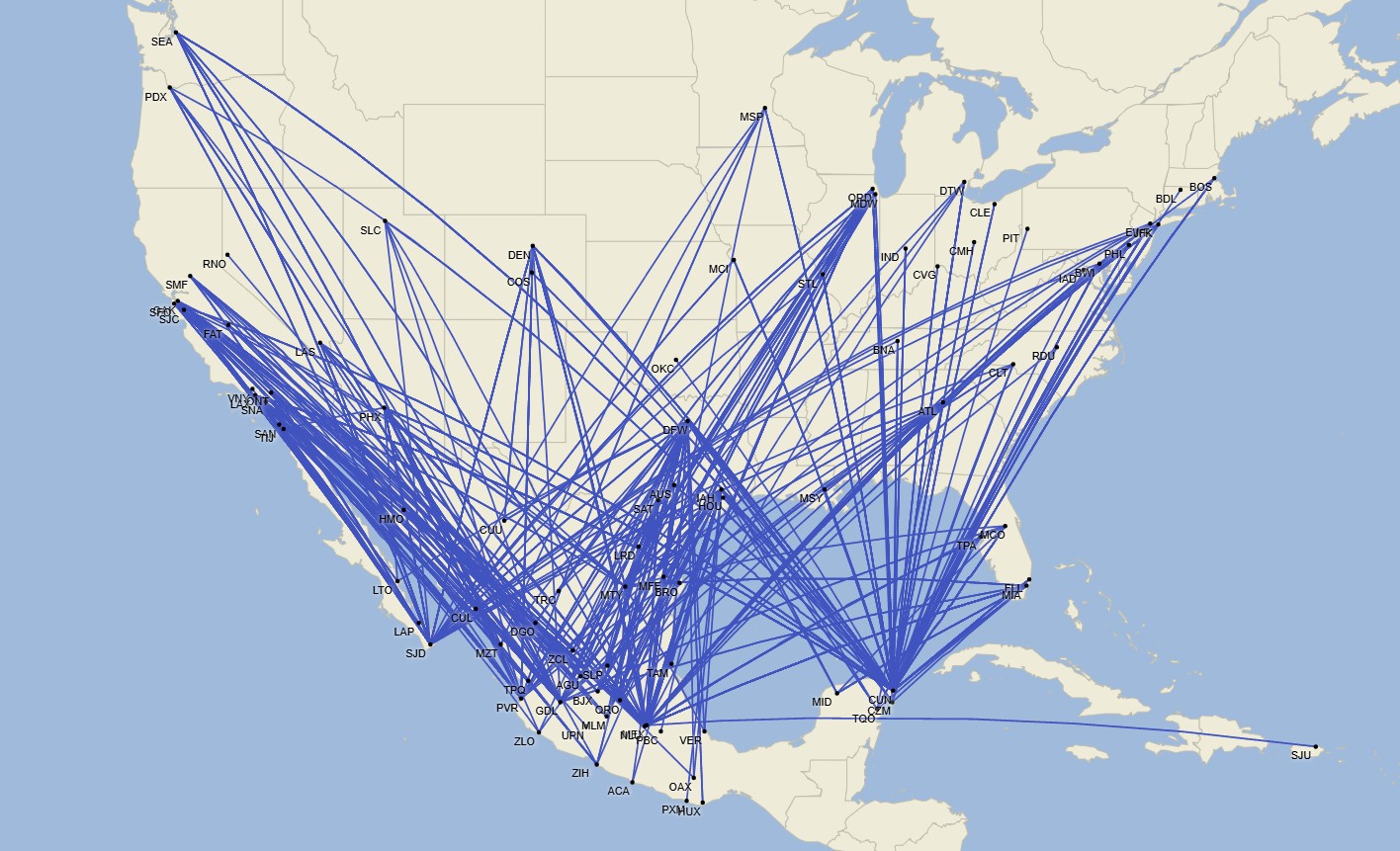 La maraña de vuelos entre Estados Unidos y México - Noviembre 2025 (Cirium Schedule Mapper)