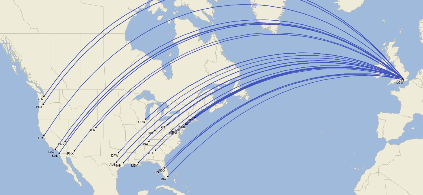 Red de British Airways en Estados Unidos - Octubre 2025 (Cirium Schedule Mapper)