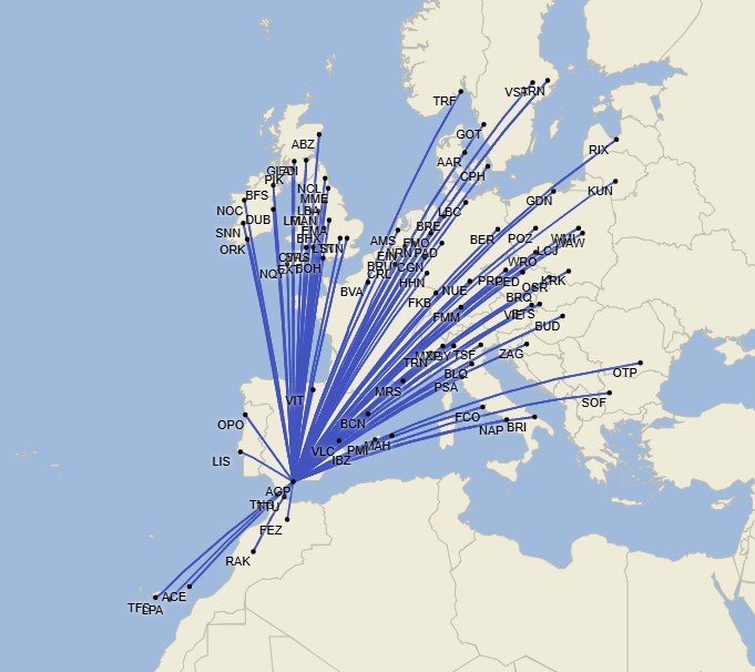 Red de Ryanair en Málaga (Cirium Schedule Mapper)